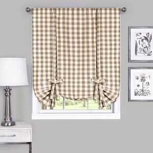 Buffalo Taupe Plaid Modern Window Curtain Panel : 42" x 63" Tie Up Shade -